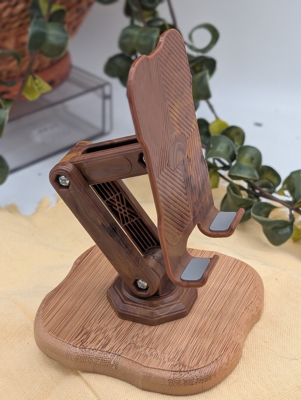 Adjustable Wood Grain Desktop Phone Stand | Foldable Minimalist Office Aesthetic